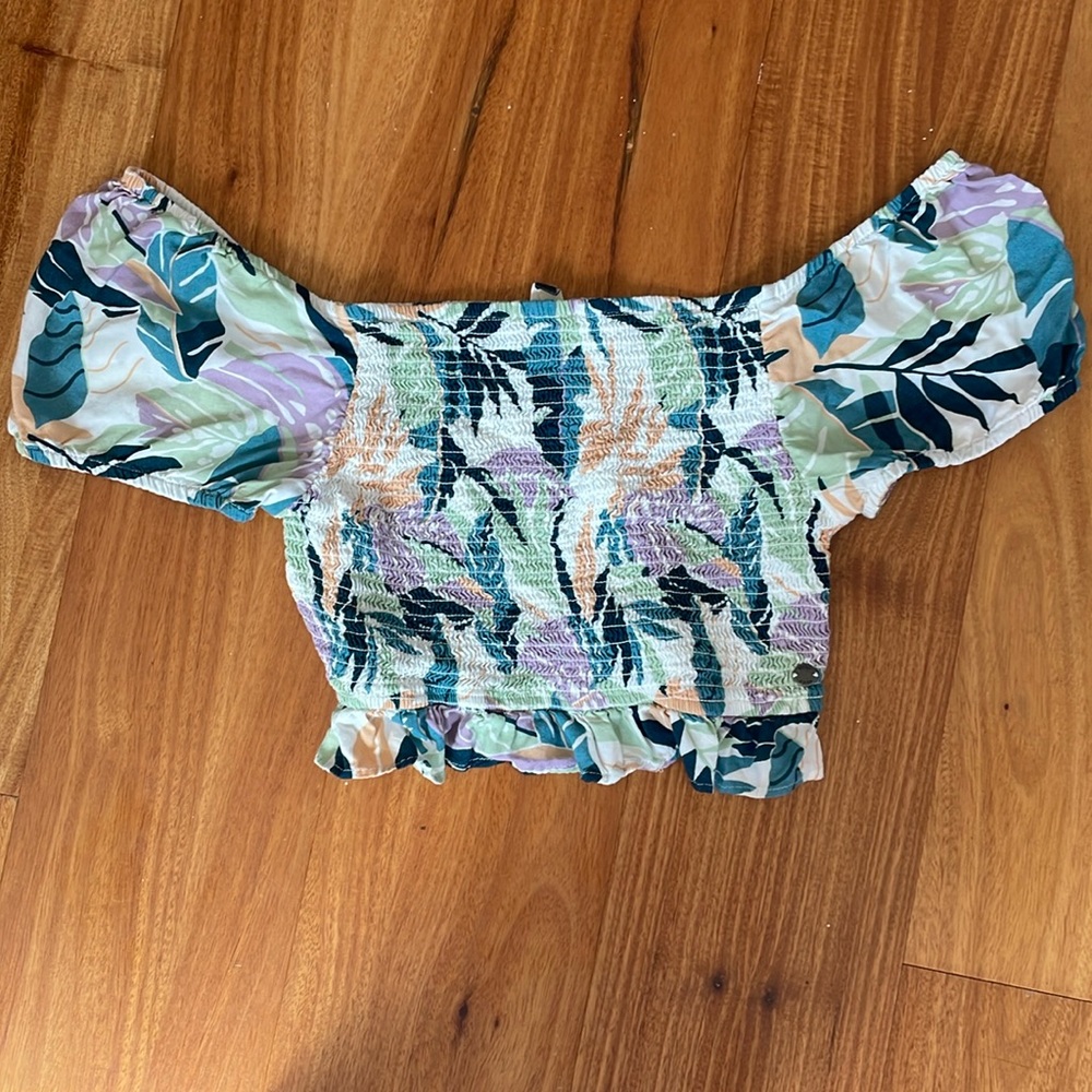 Roxy tropical print off the shoulder puff sleeves shirt with smocking
